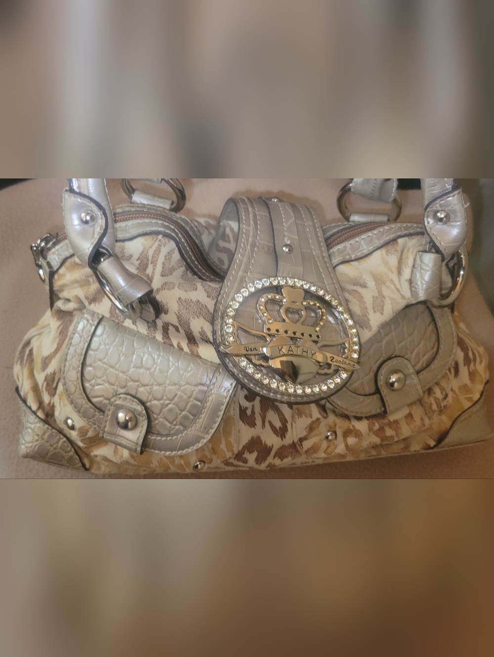 Kathy Van Zeeland Embellished Animal Print Handbag - Metallic Taupe